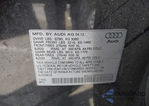 2013 Audi Q7 3.0T Premium из США, поврежденный, VIN WA1LGAFE3DD014551